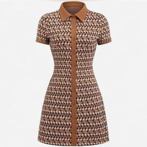 Retro 70s Mod Geometric Button Front Mini Dress Brown Size S